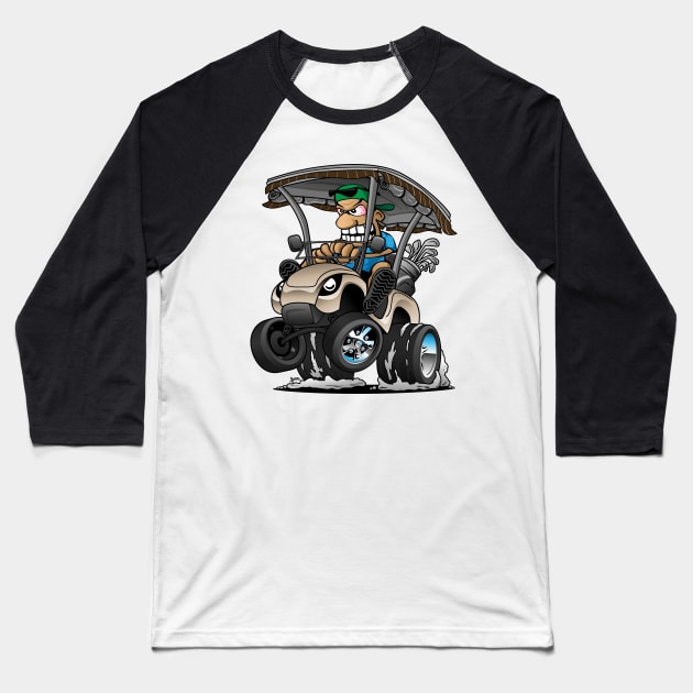 Funny Golf Cart Hotrod Golf Car Popping a Wheelie Cartoon Baseball T-Shirt by hobrath